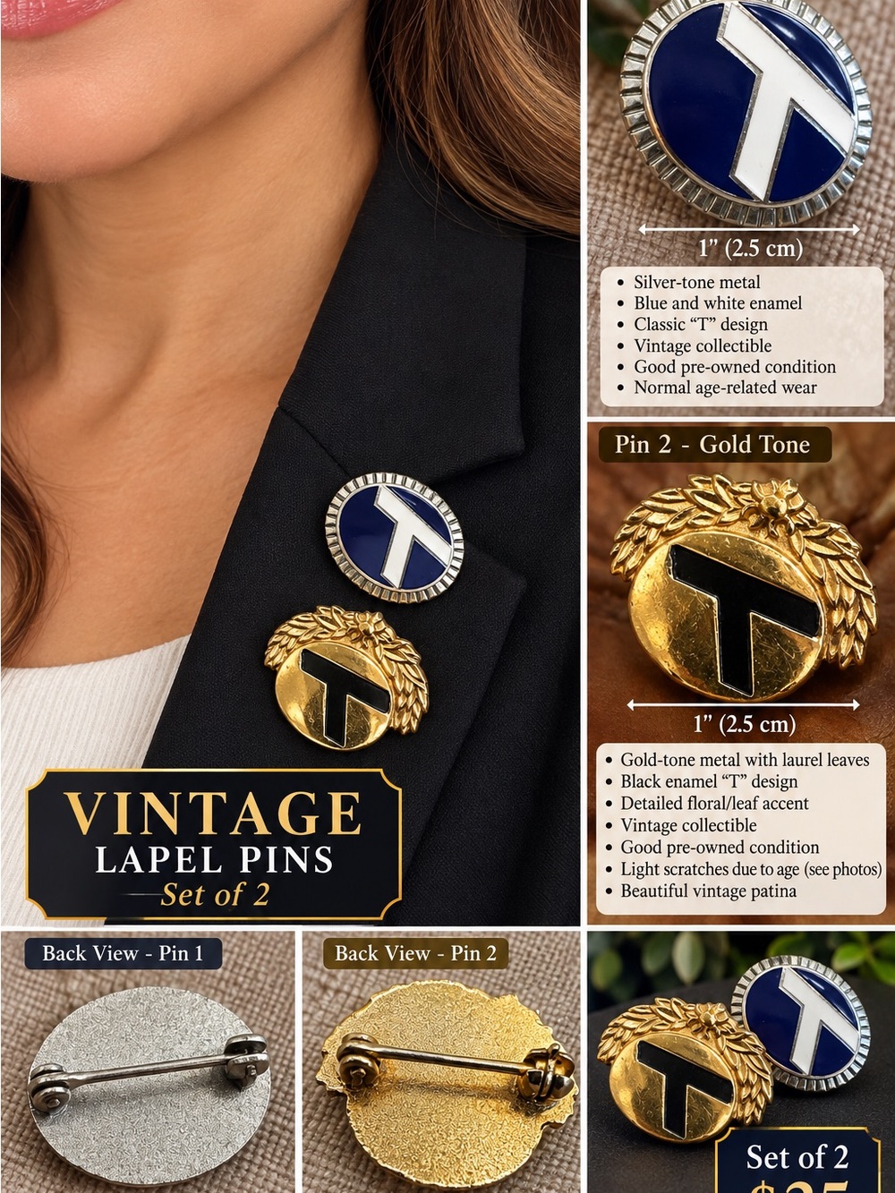 Vintage Set of 2 Lapel Pins - Gold & Blue